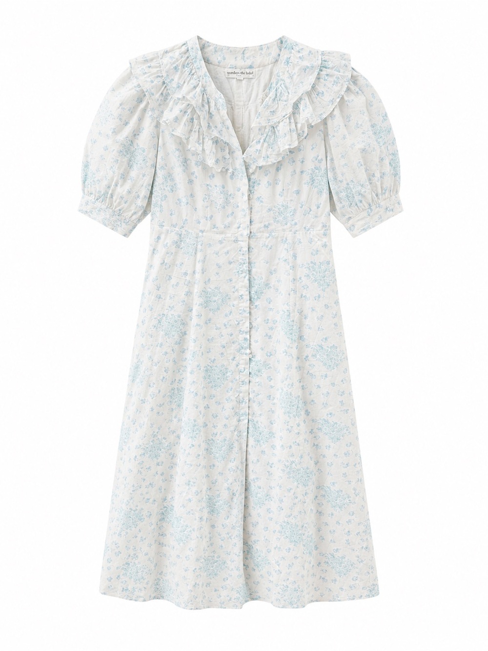 Ruffled Collar Button-Front Floral Dress — Light Blue on White